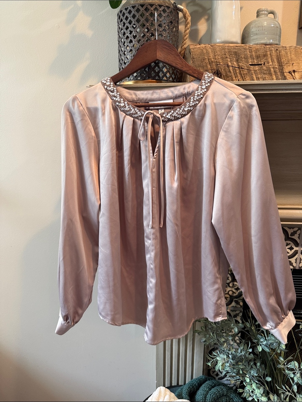 Jennifer Lopez Blush Satin Jeweled Tie-Neck Blouse